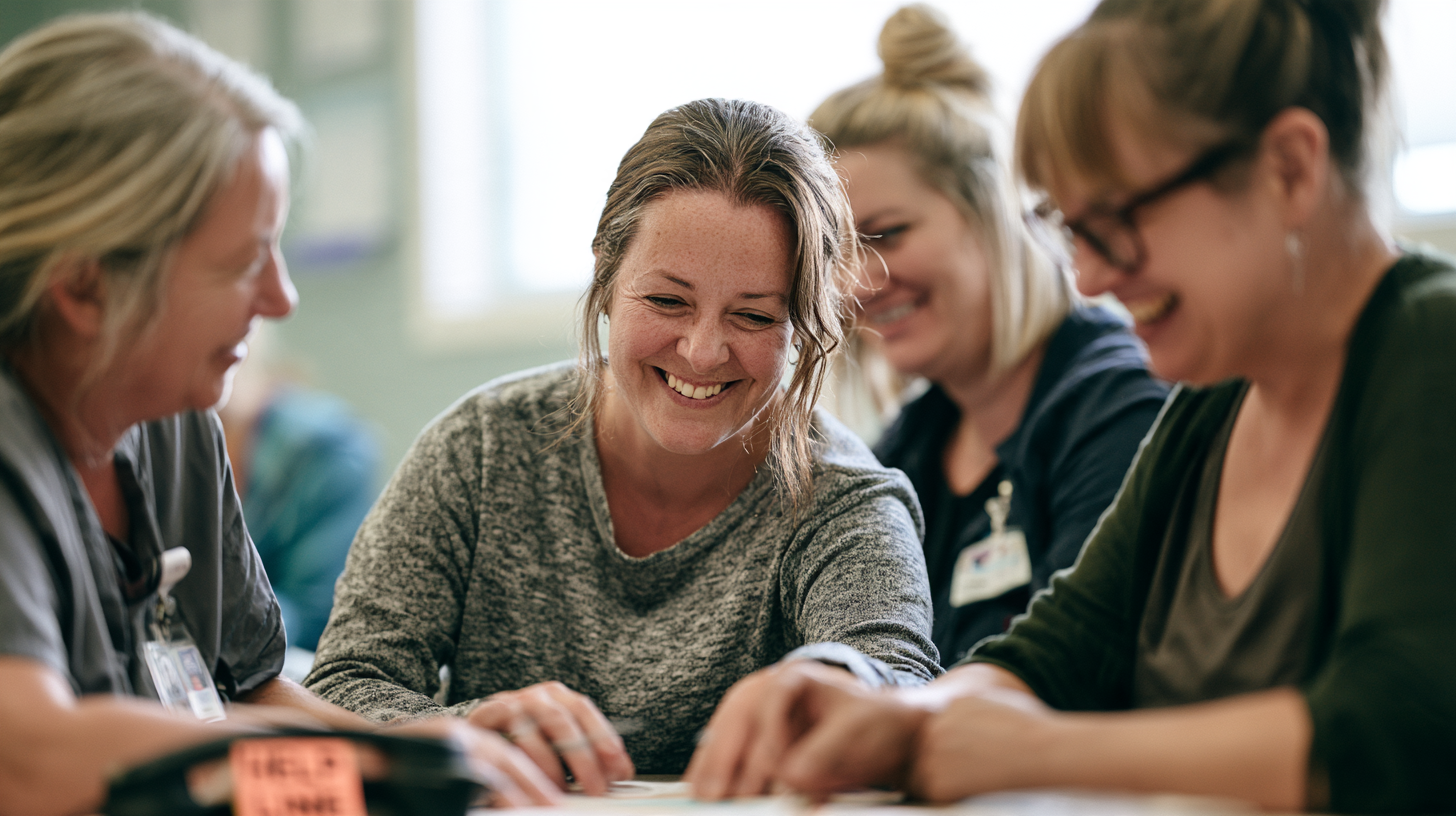 A small dementia care team, talking and smiling together
