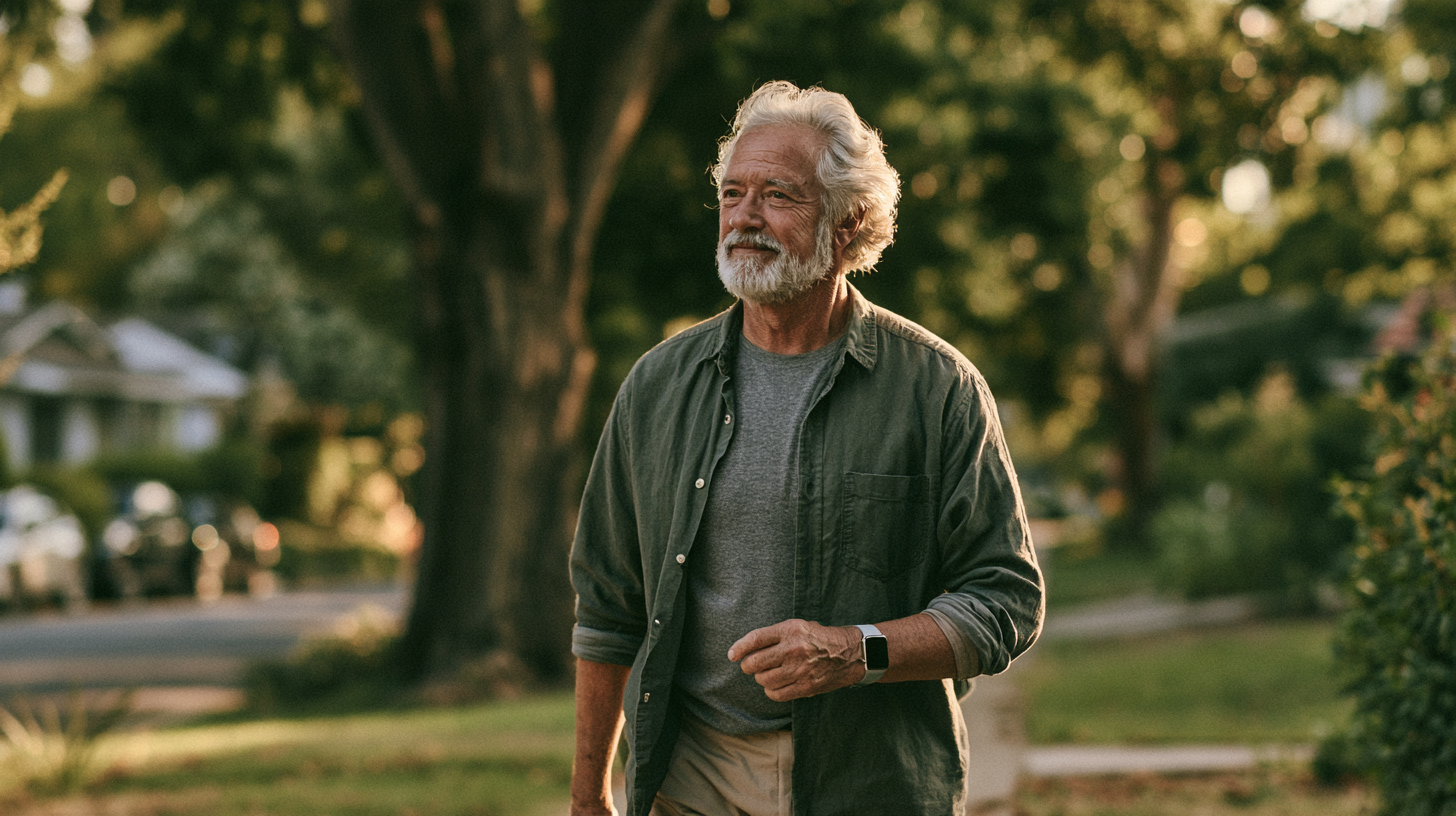 Man in his 70's walking outside wearing a wearable wristwatch