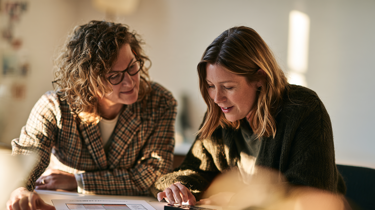 Two women sitting together looking at GUIDE dementia care information in front of them