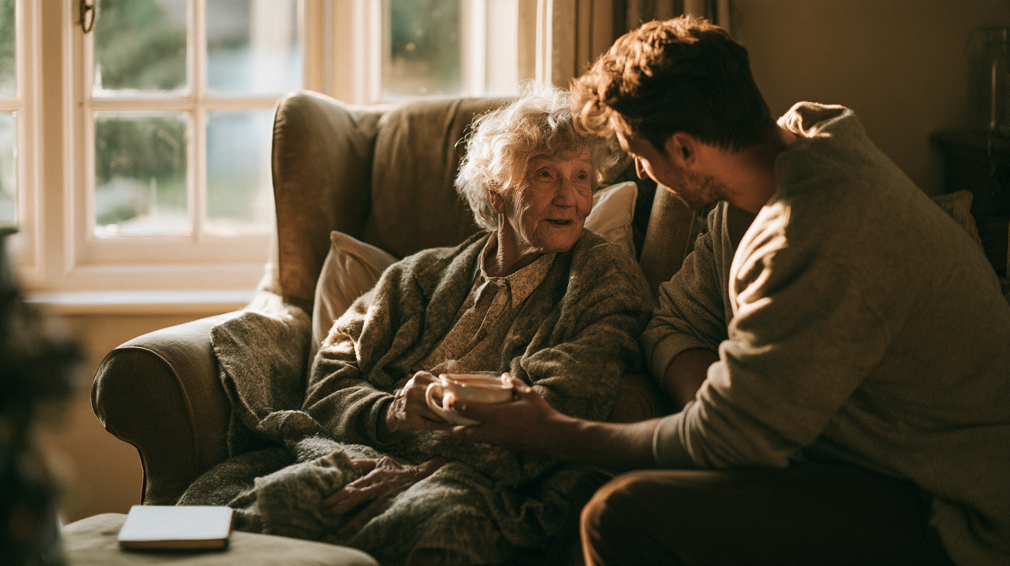An older woman sat in an armchair, her grandson leaning in beside her, handing her a cup of tea